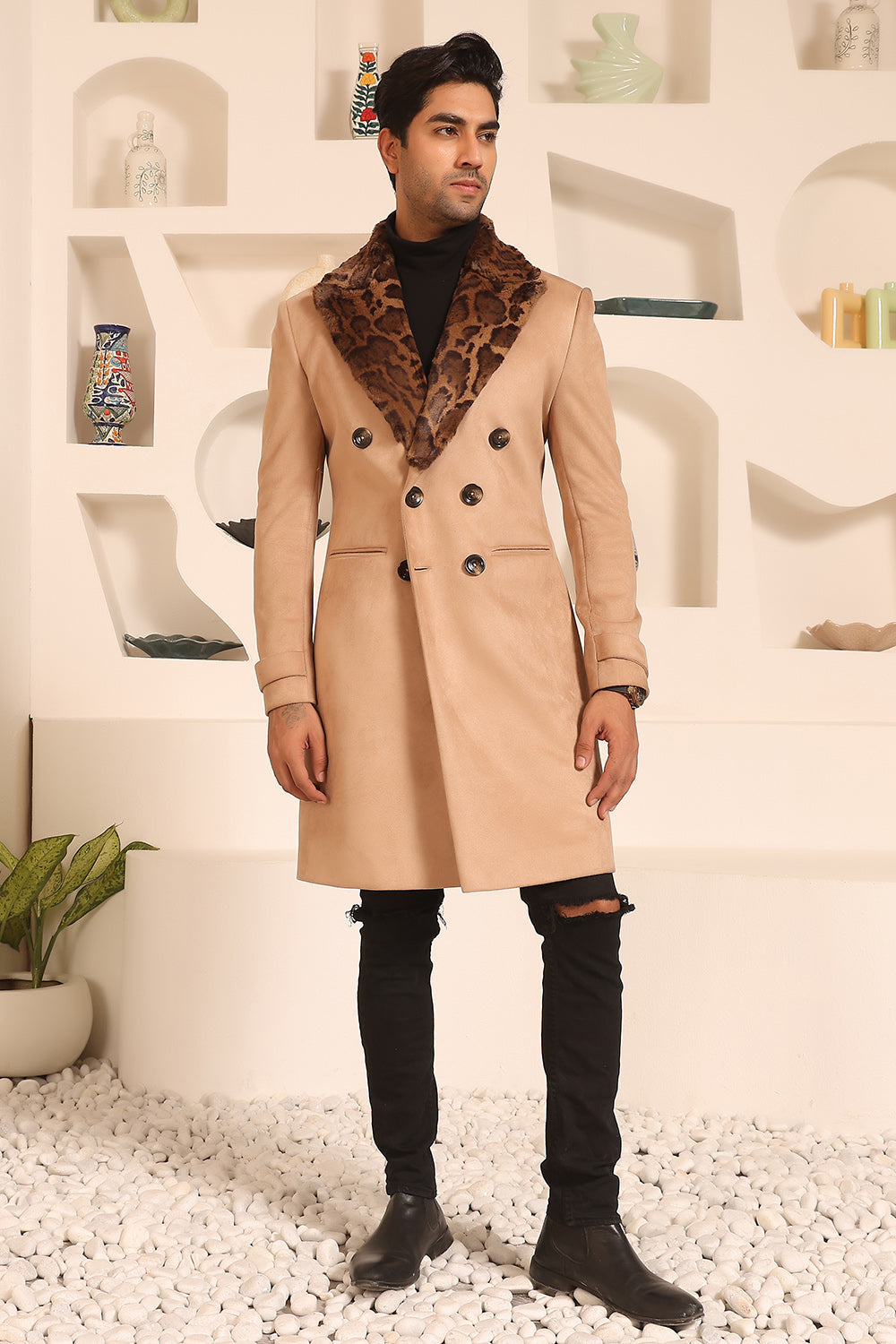 Beige Double Breasted Overcoat with Furr Lapel and Collar
