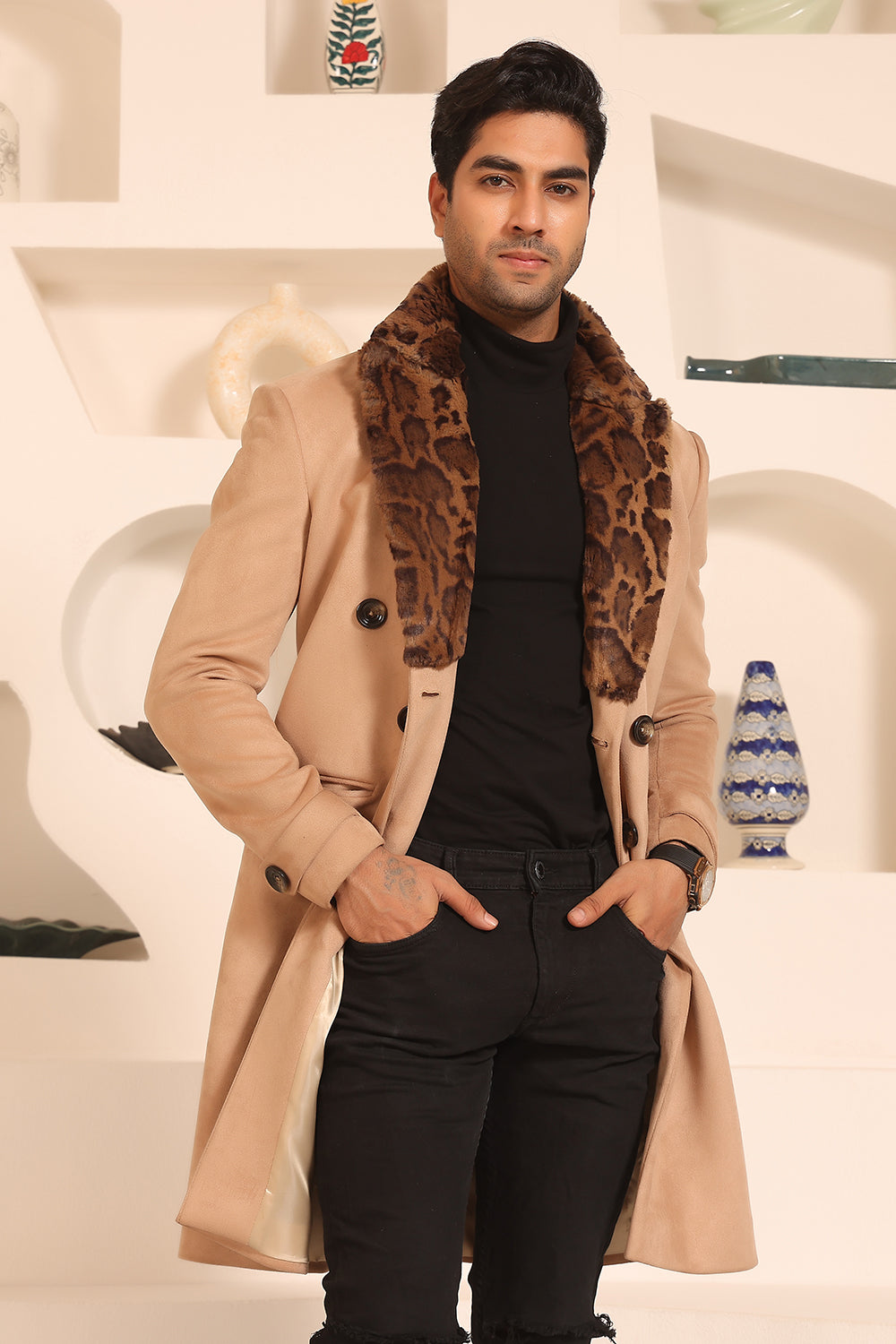 Beige Double Breasted Overcoat with Furr Lapel and Collar