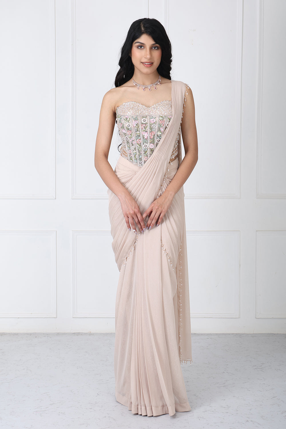 Beige Drape Saree With Floral Embroidered Corset