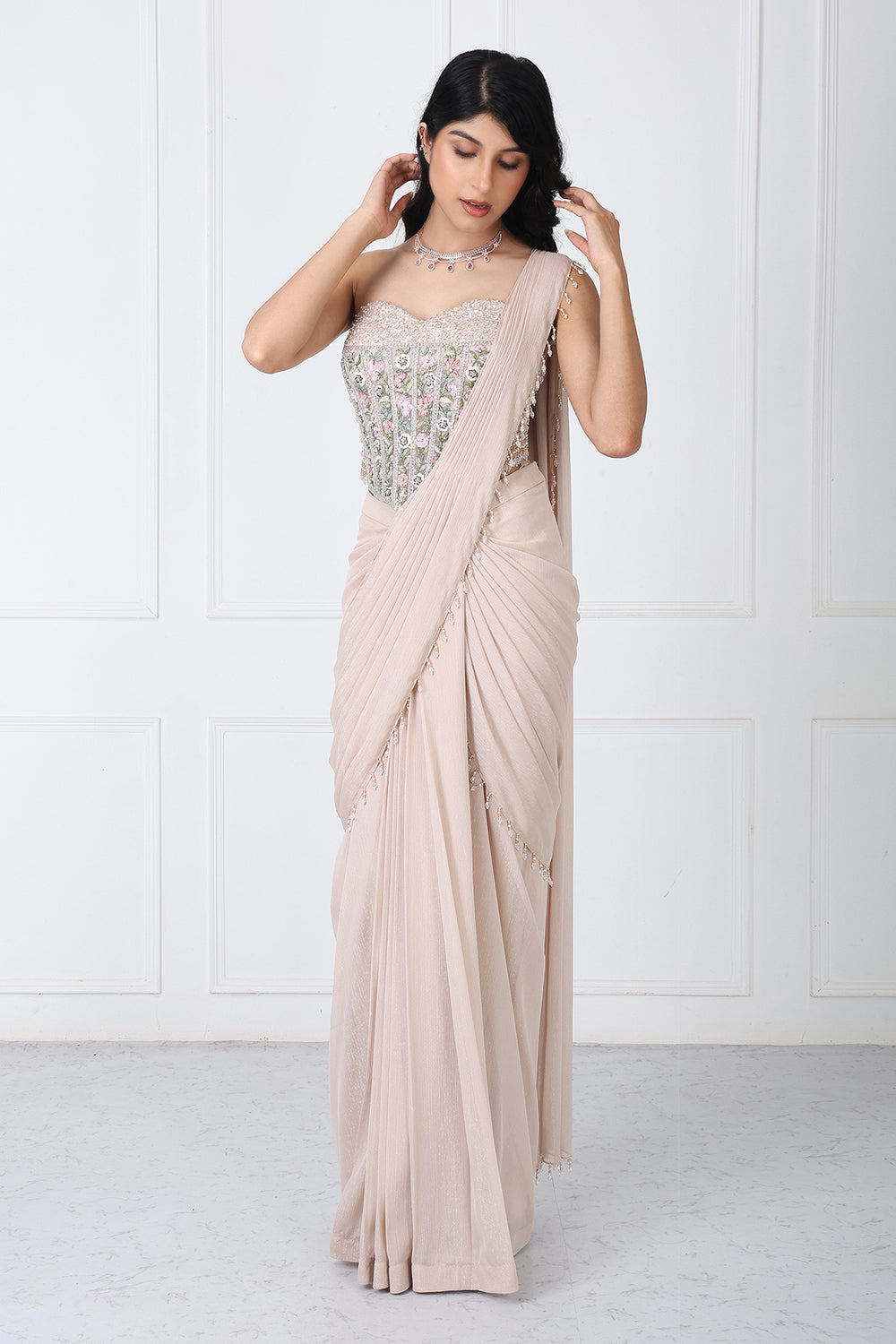 Beige Drape Saree With Floral Embroidered Corset