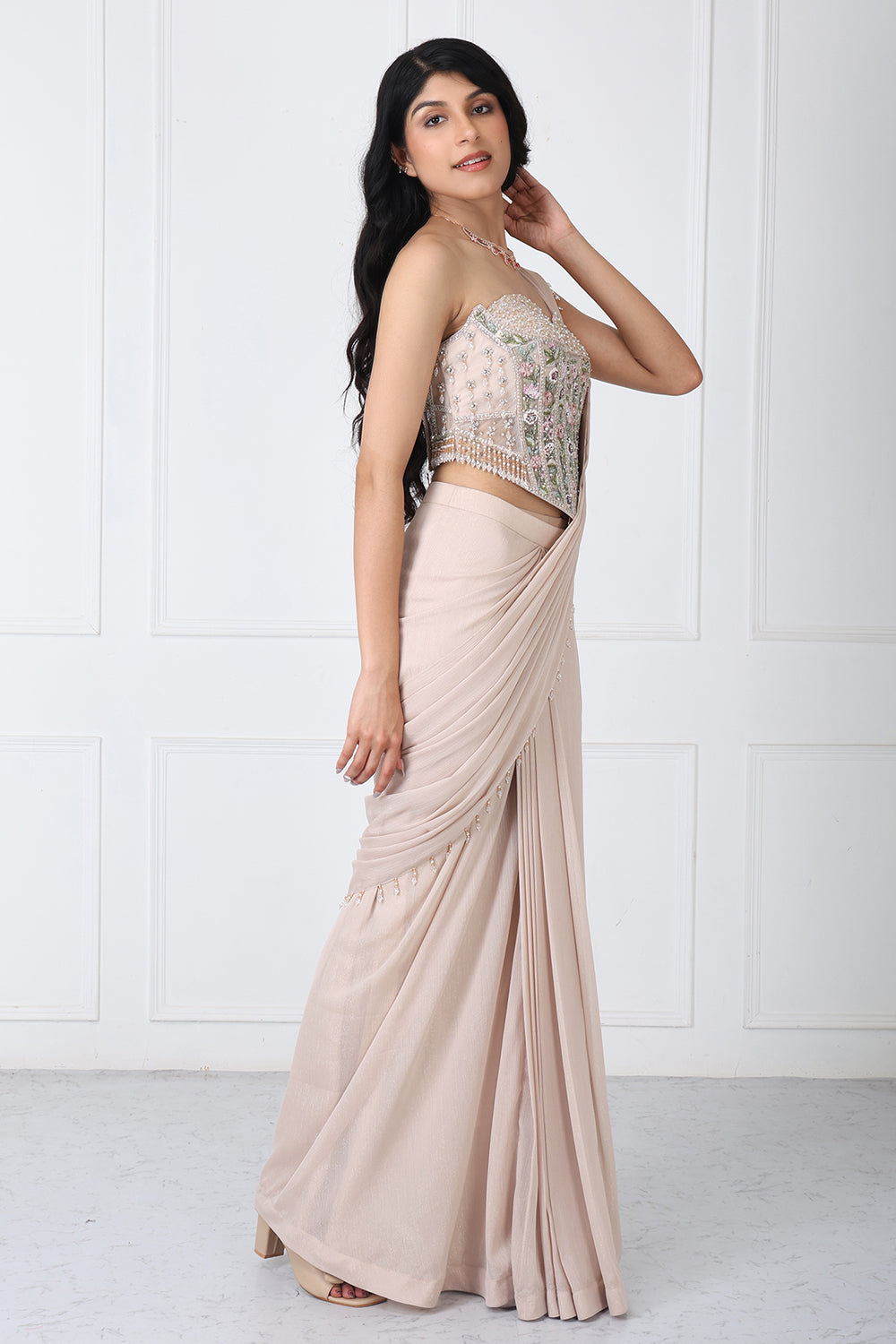 Beige Drape Saree With Floral Embroidered Corset