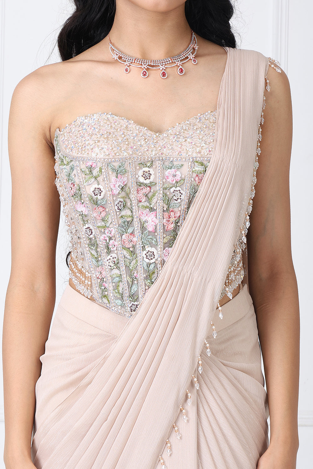Beige Drape Saree With Floral Embroidered Corset