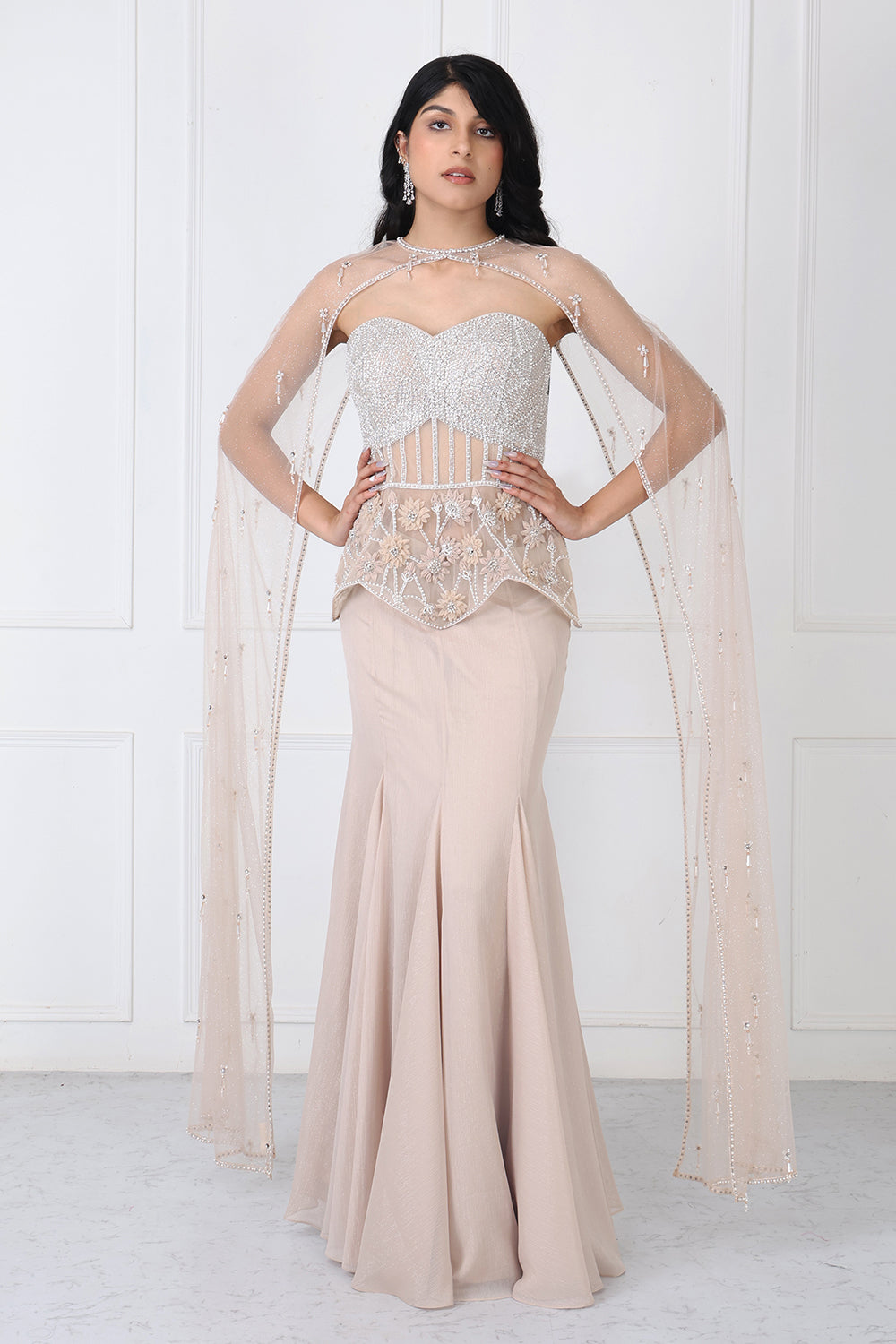 Beige Embroidered Corset And Cape With Paneled Skirt