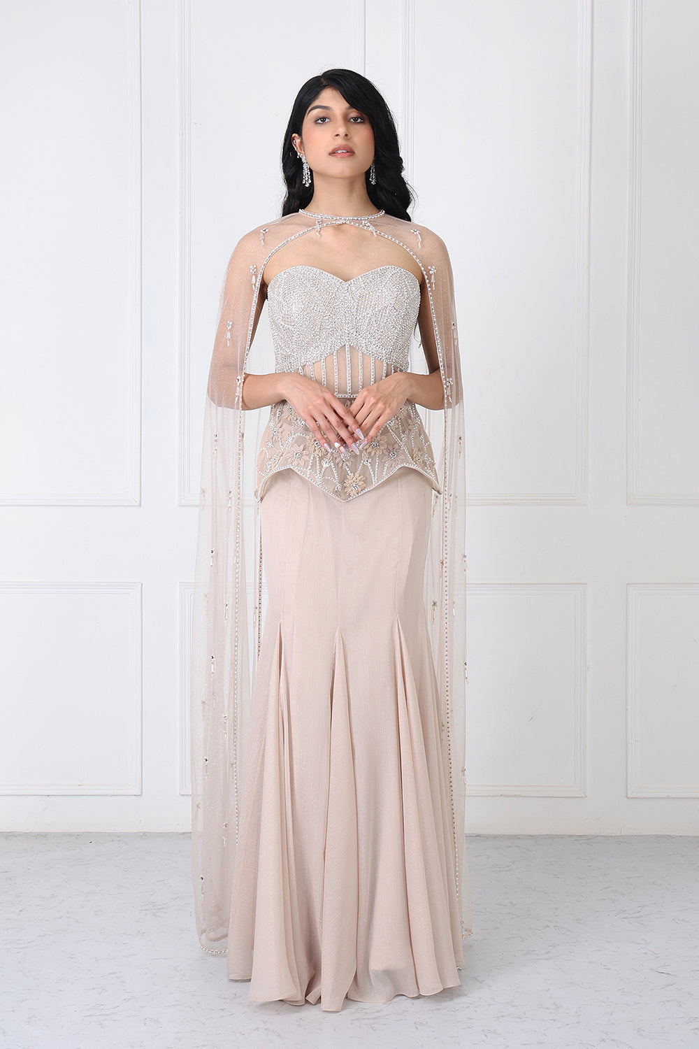 Beige Embroidered Corset And Cape With Paneled Skirt
