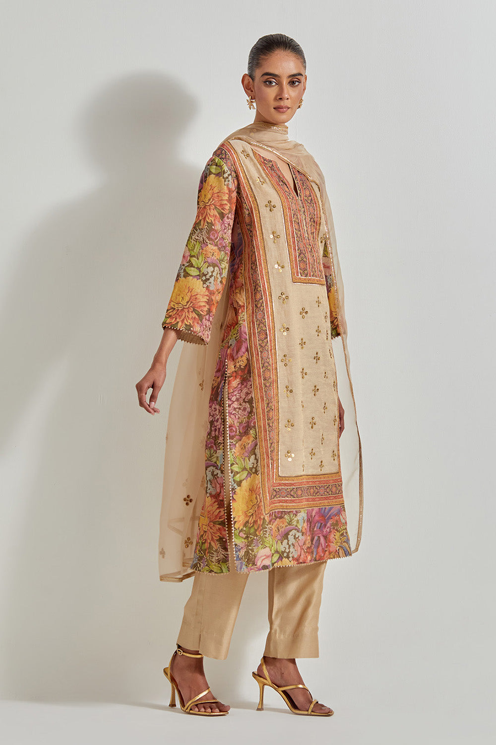 Beige Florika Printed And Hand Embellished Kurta Set