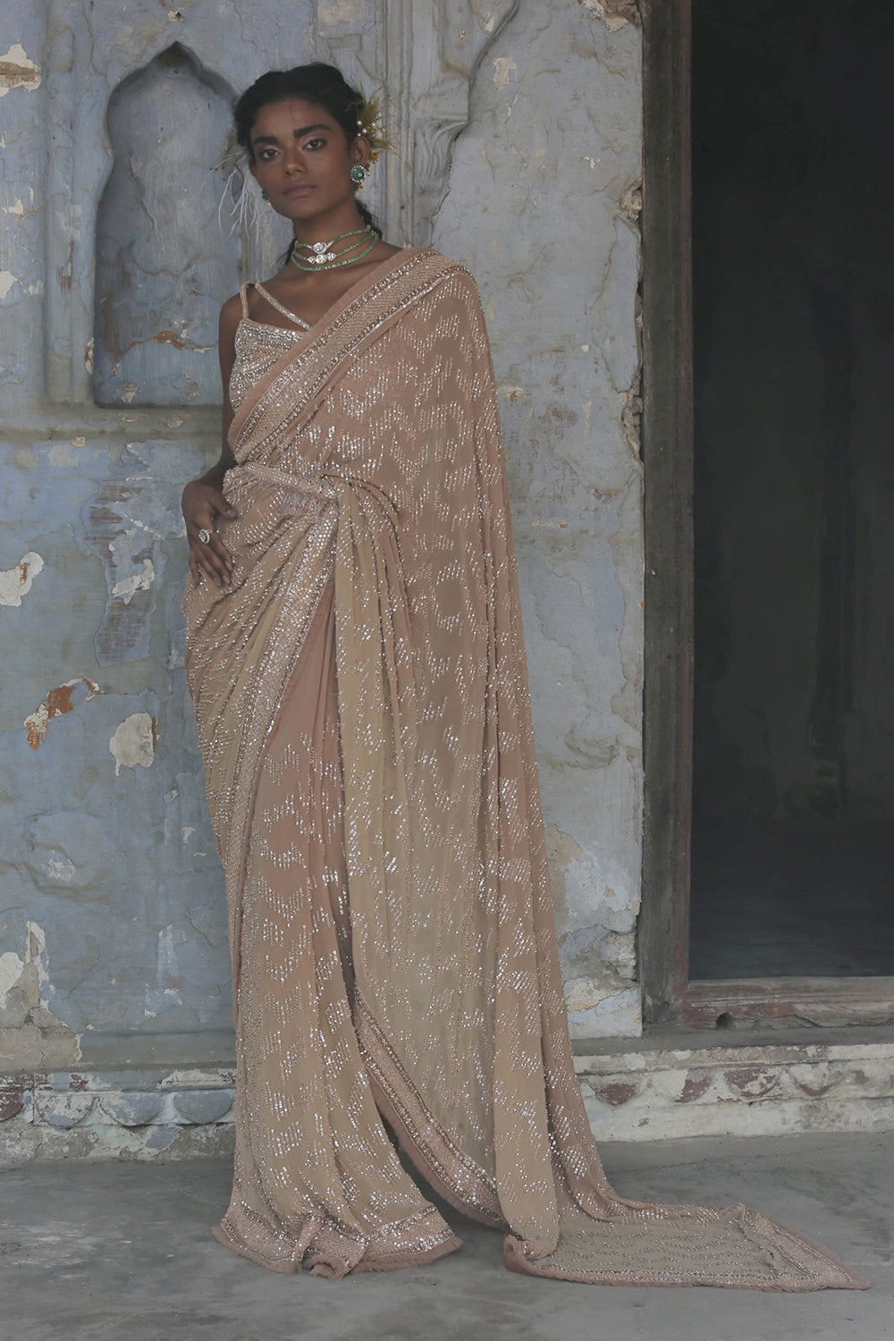 Beige Georgette Ombre Saree With Belt