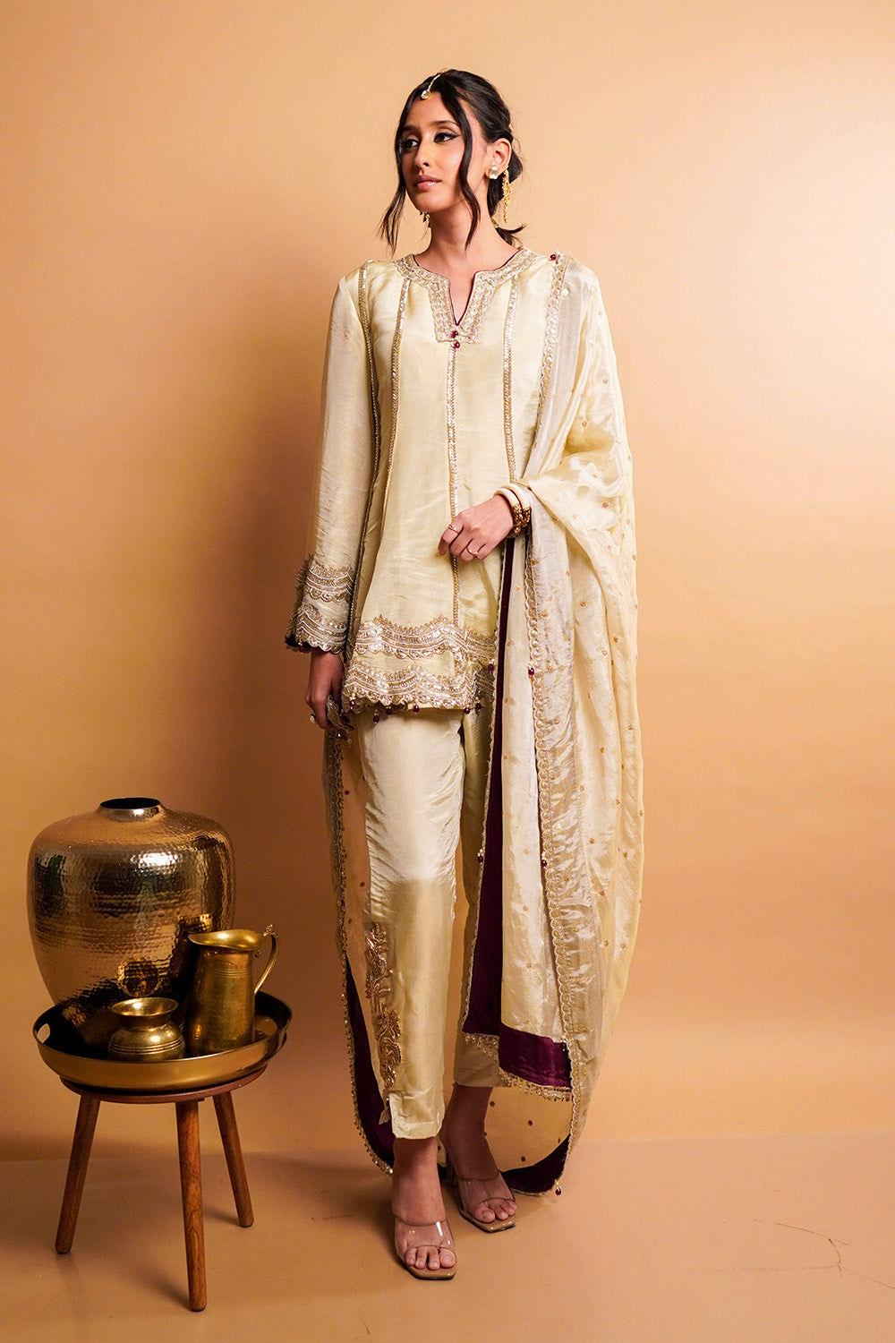 Beige Kali Kurta with Cigratte Pants Set