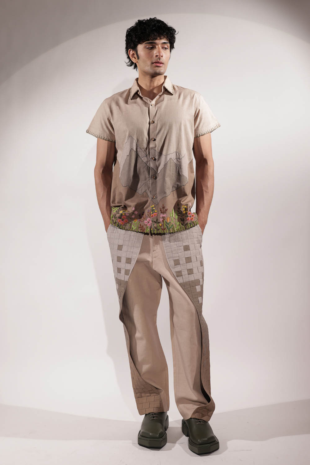 Beige Linen Mountain Patchwork Shirt