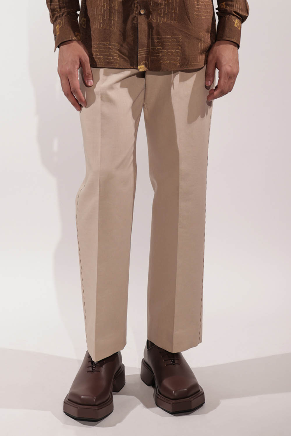 Beige Linen Pants with Kantha Embroidery