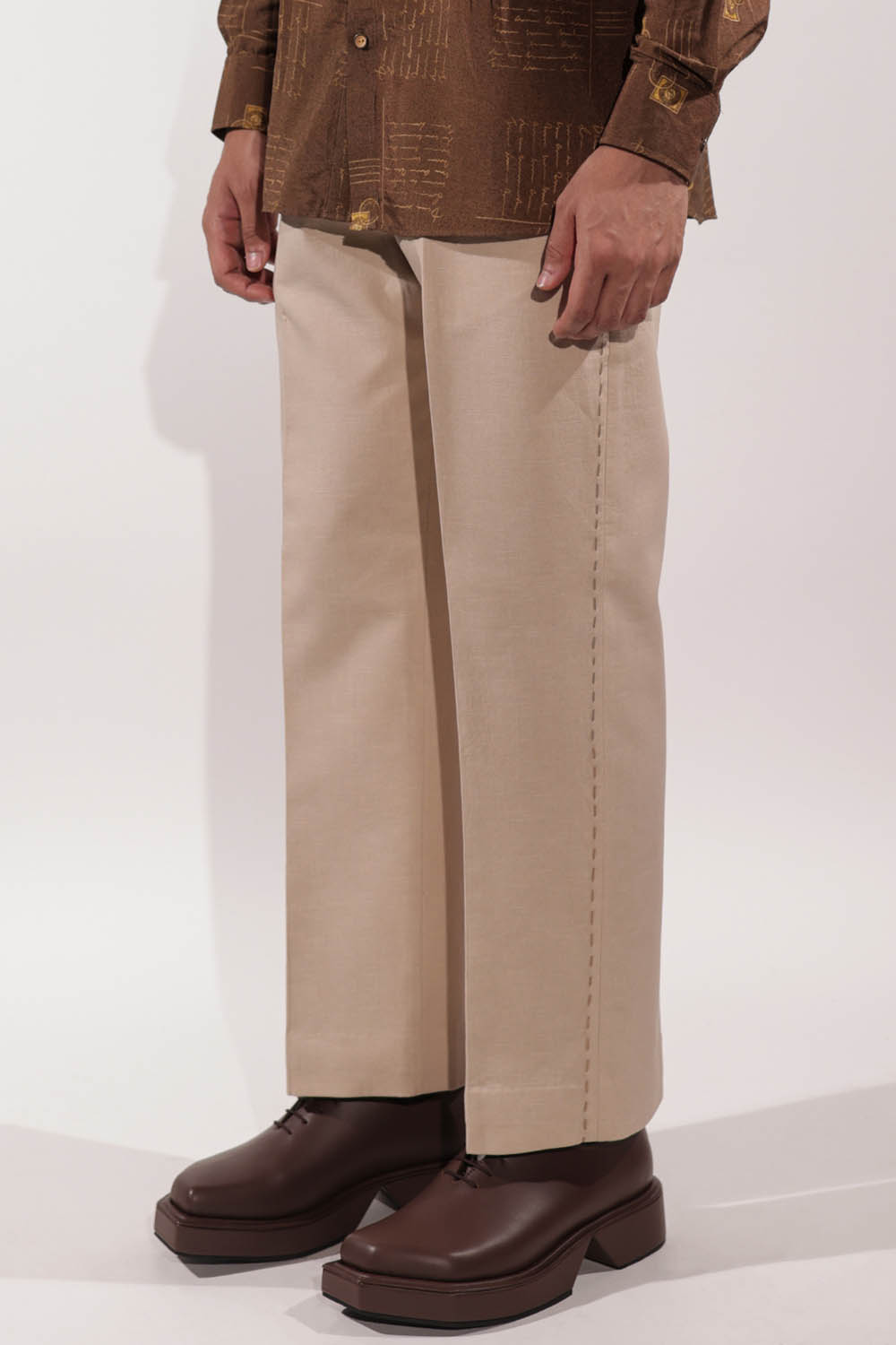 Beige Linen Pants with Kantha Embroidery