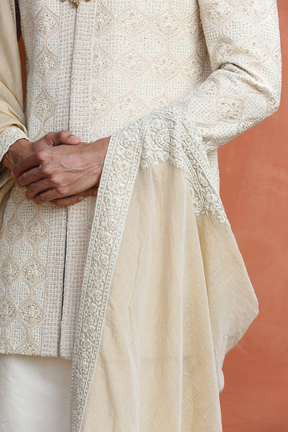 Beige Monga Embroidered Achkan With Kurta And Churidar