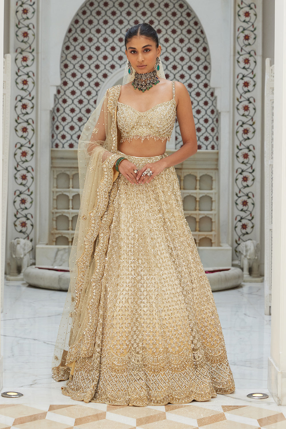 Beige Ombre Net Lehenga With Choli and Dupatta