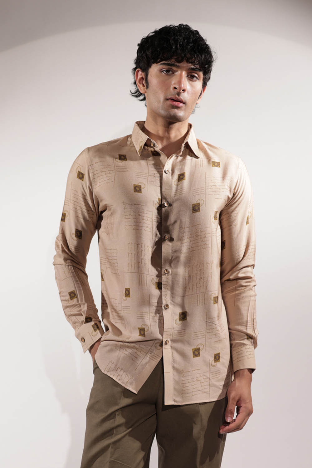 Beige Postcard Print Cotton-Silk Shirt