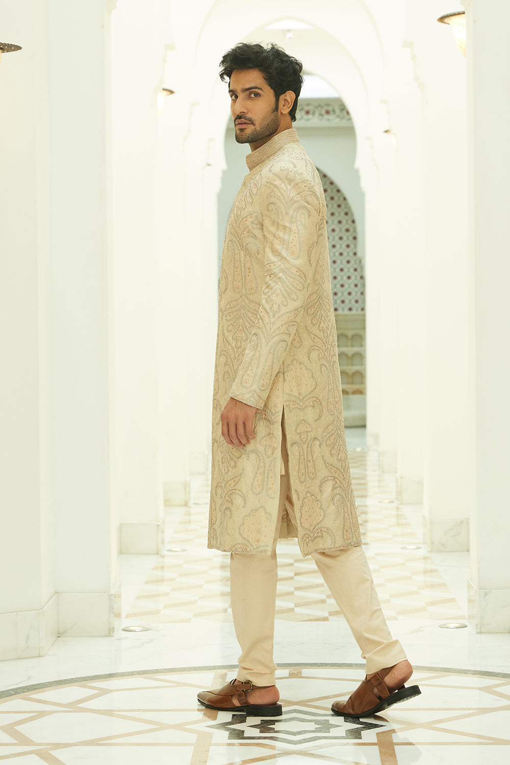 Beige  Sherwani Kurta Trouser Set