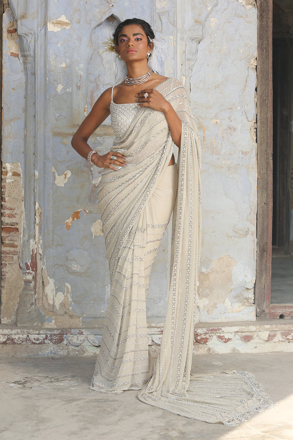 Beige Shimmer Georgette Saree