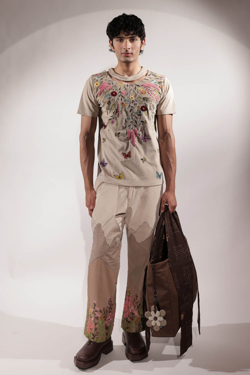 Beige Suede Floral Embroidered T-shirt