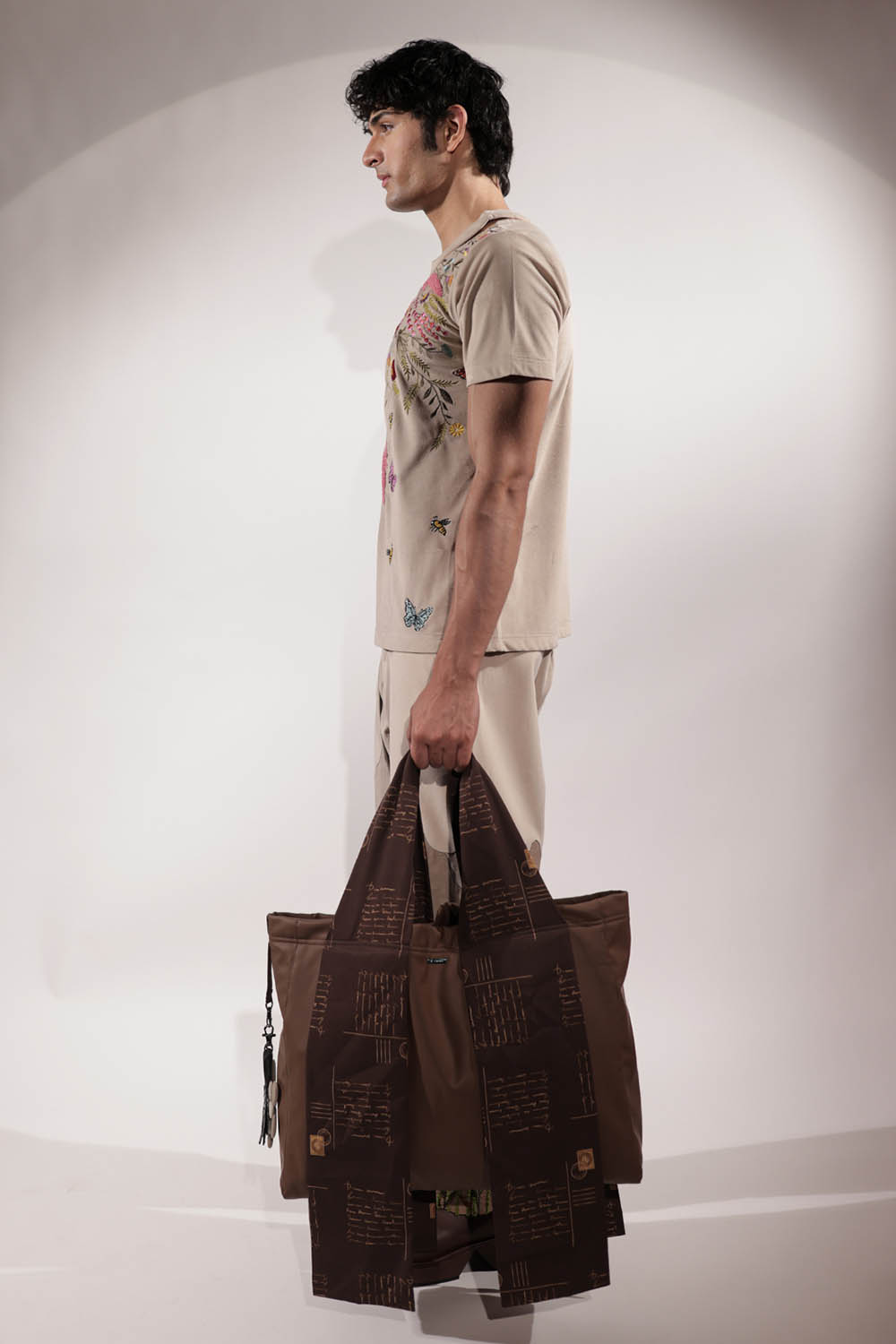 Beige Suede Floral Embroidered T-shirt