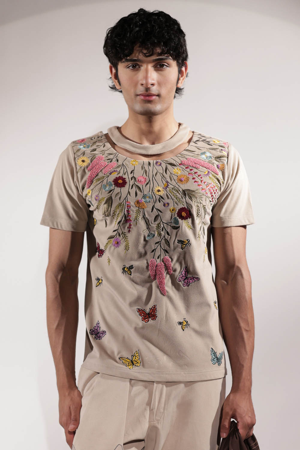 Beige Suede Floral Embroidered T-shirt