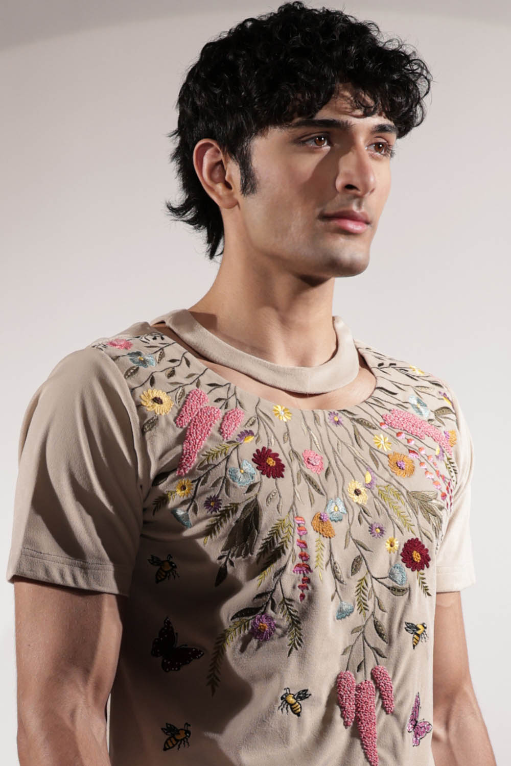 Beige Suede Floral Embroidered T-shirt