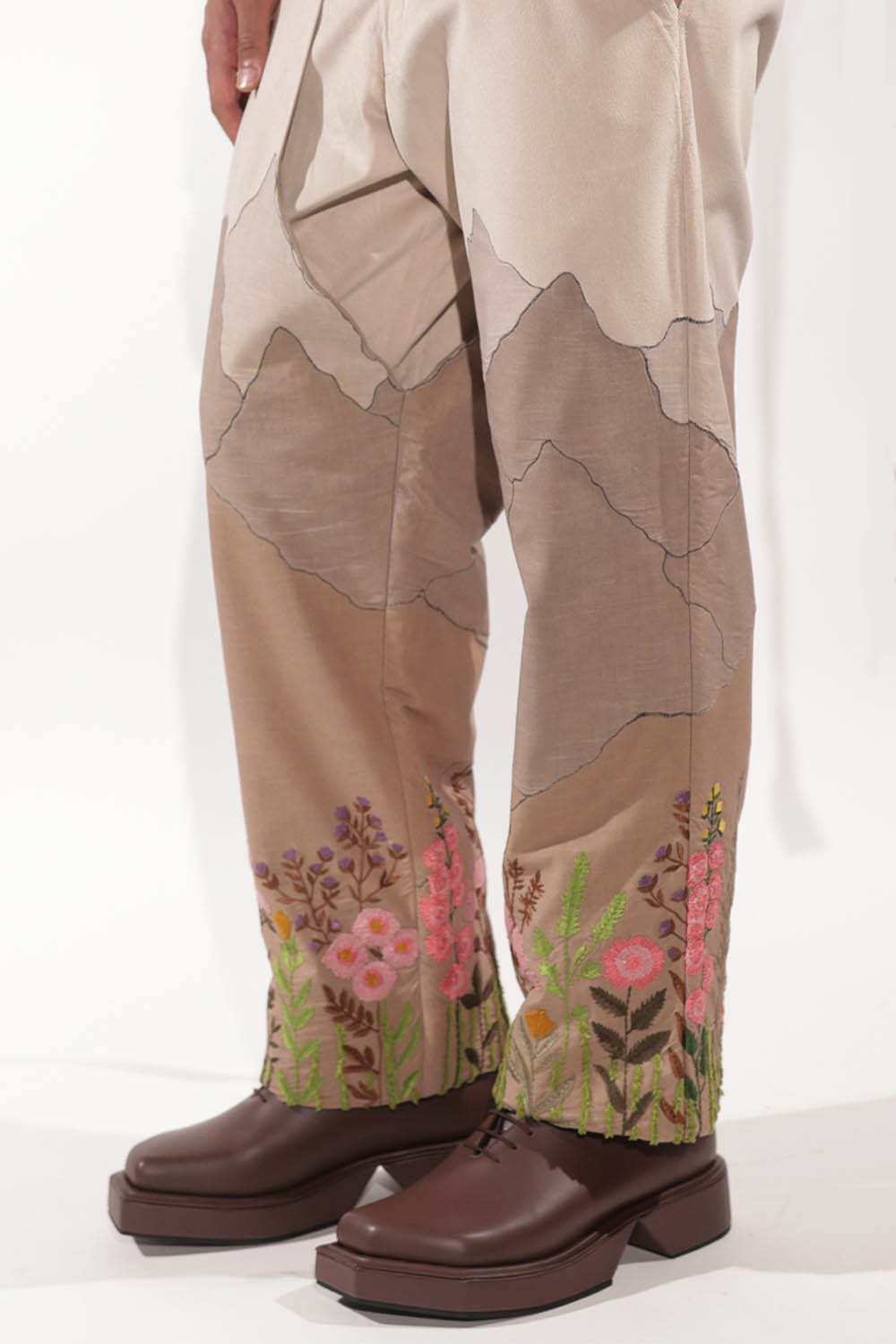 Beige Suede Mountain Patchwork Pants