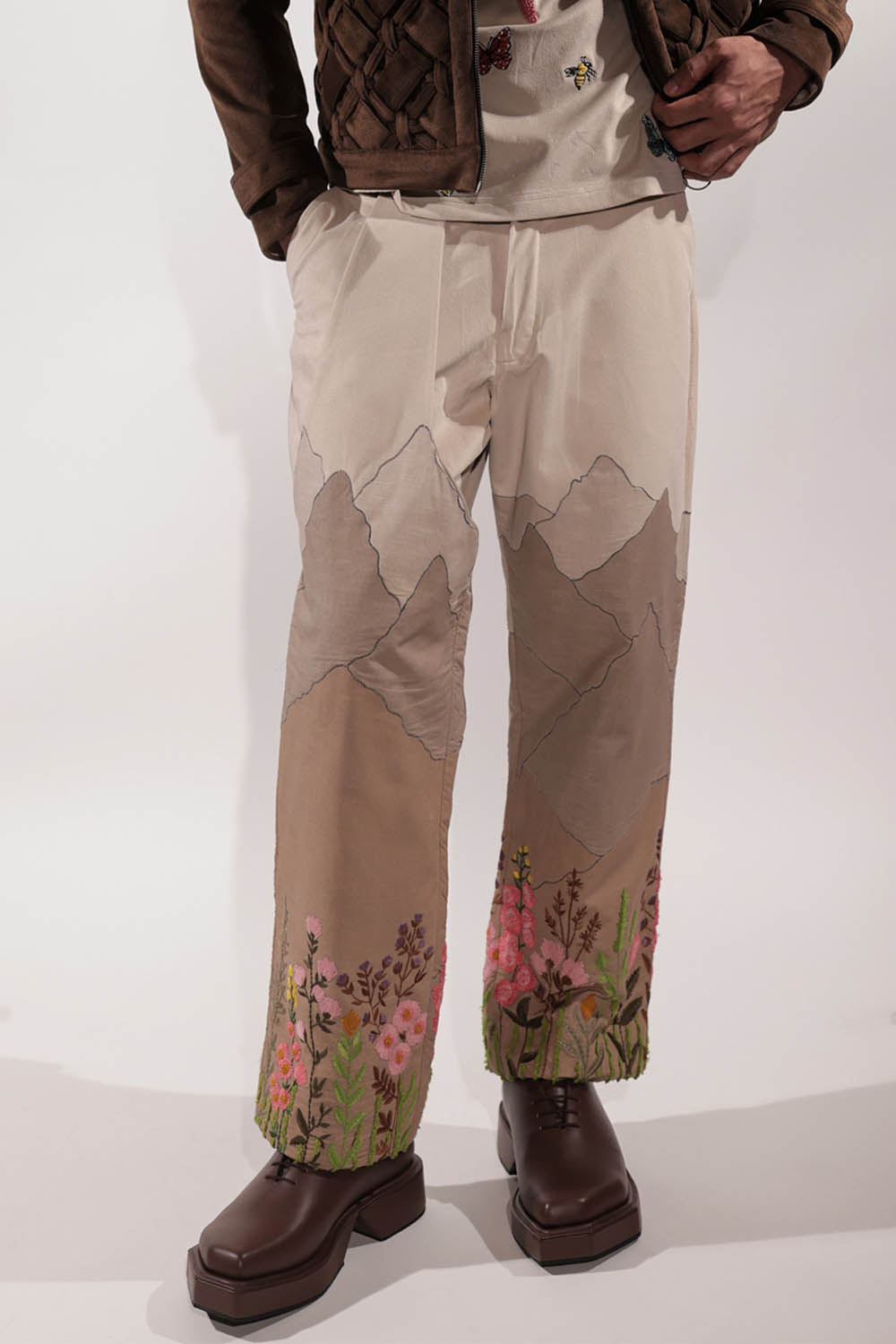 Beige Suede Mountain Patchwork Pants