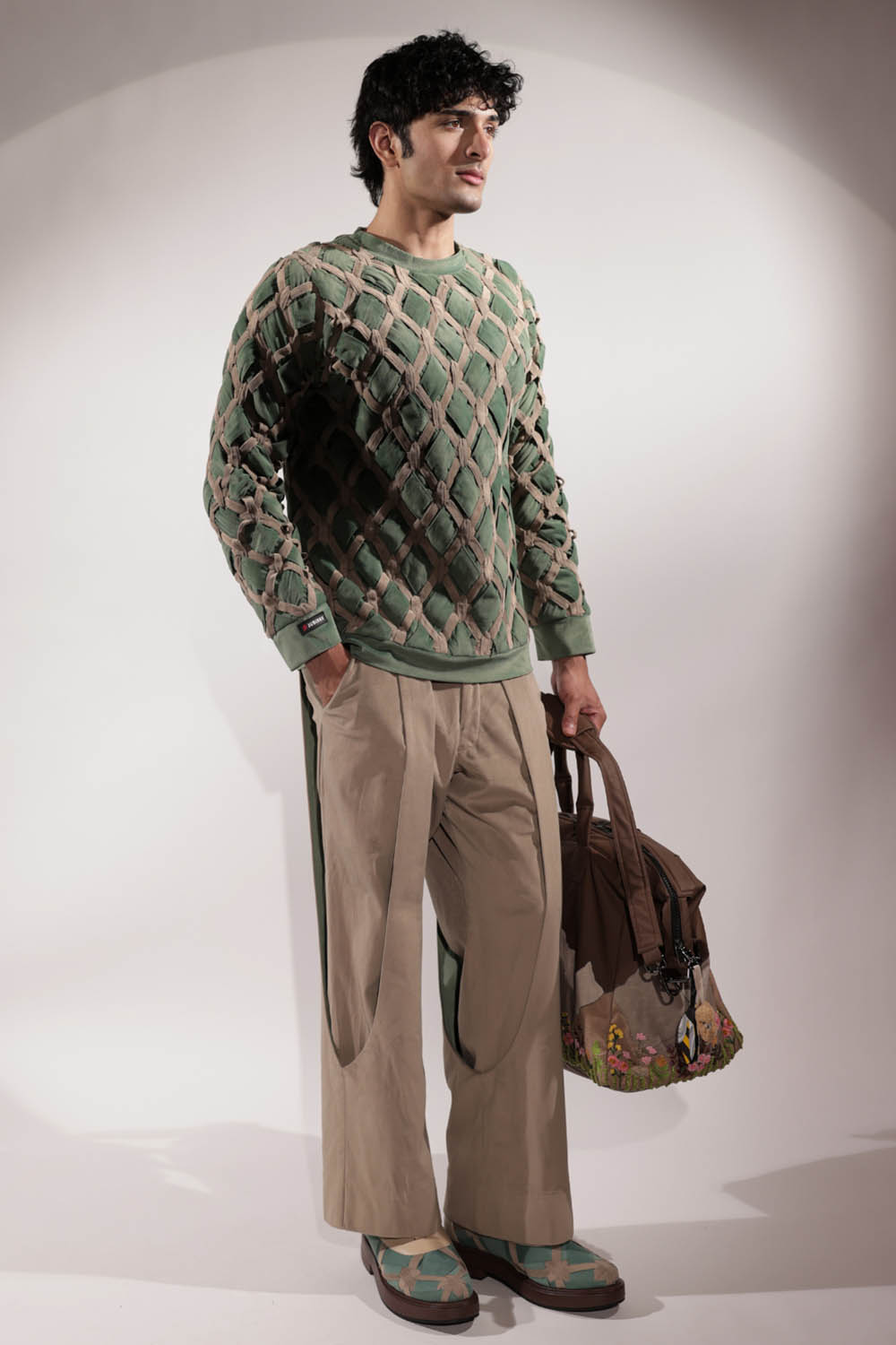Beige Suede Panelled Pants
