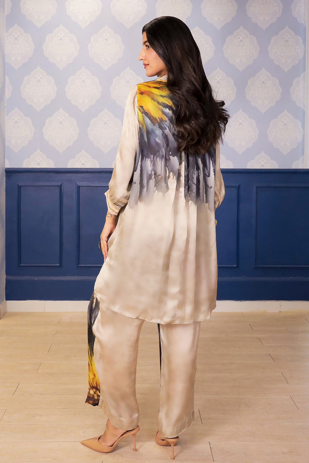 Beige Sunflower Print Satin Co-ord Set with Chanderi Foil Pocket Detailing