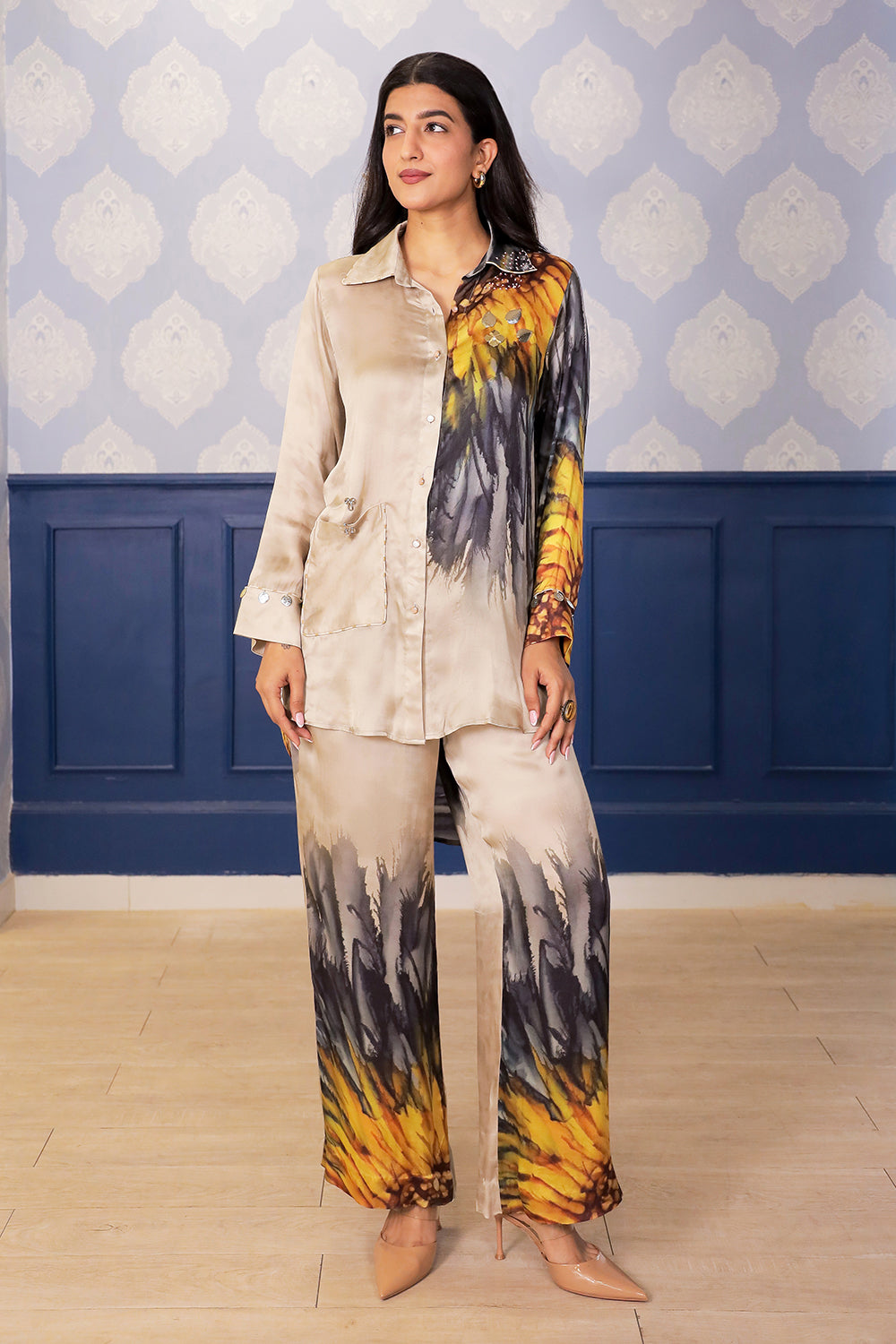 Beige Sunflower Print Satin Co-ord Set with Metallic Button & Bead Detailing