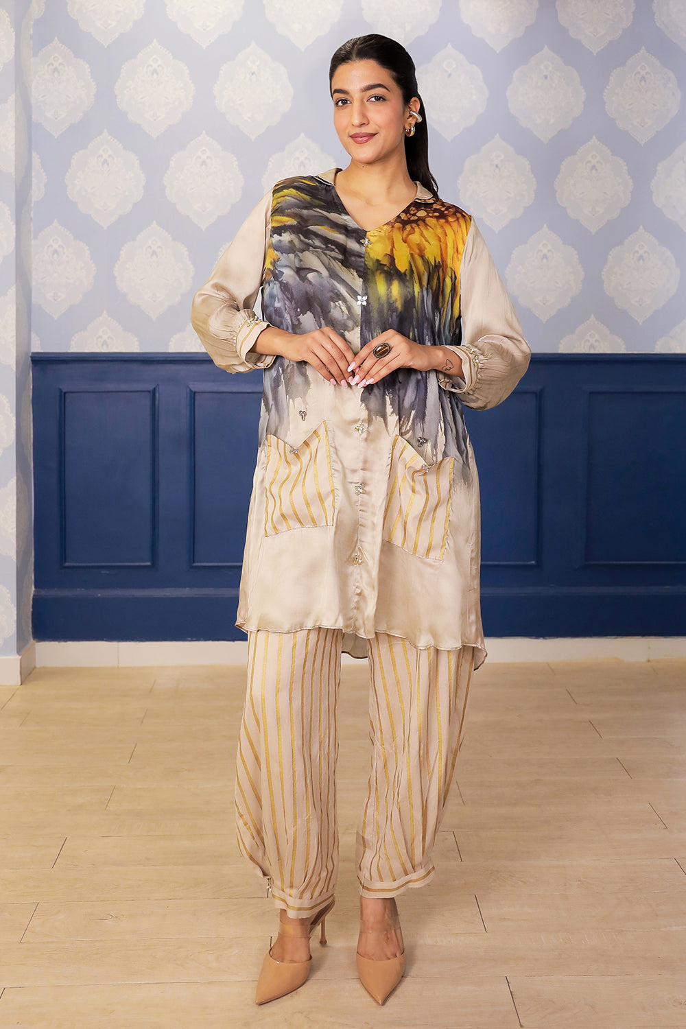Beige Sunflower Print Satin Kurta with Chanderi Foil Farsi Salwar & Metallic Detailing