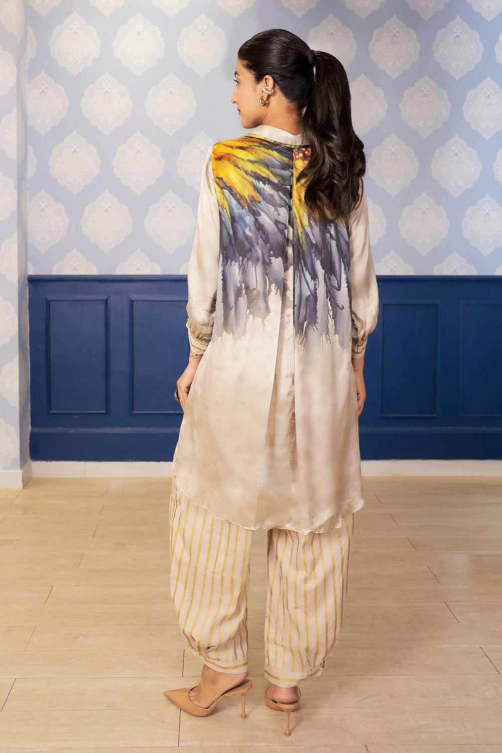 Beige Sunflower Print Satin Kurta with Chanderi Foil Farsi Salwar & Metallic Detailing