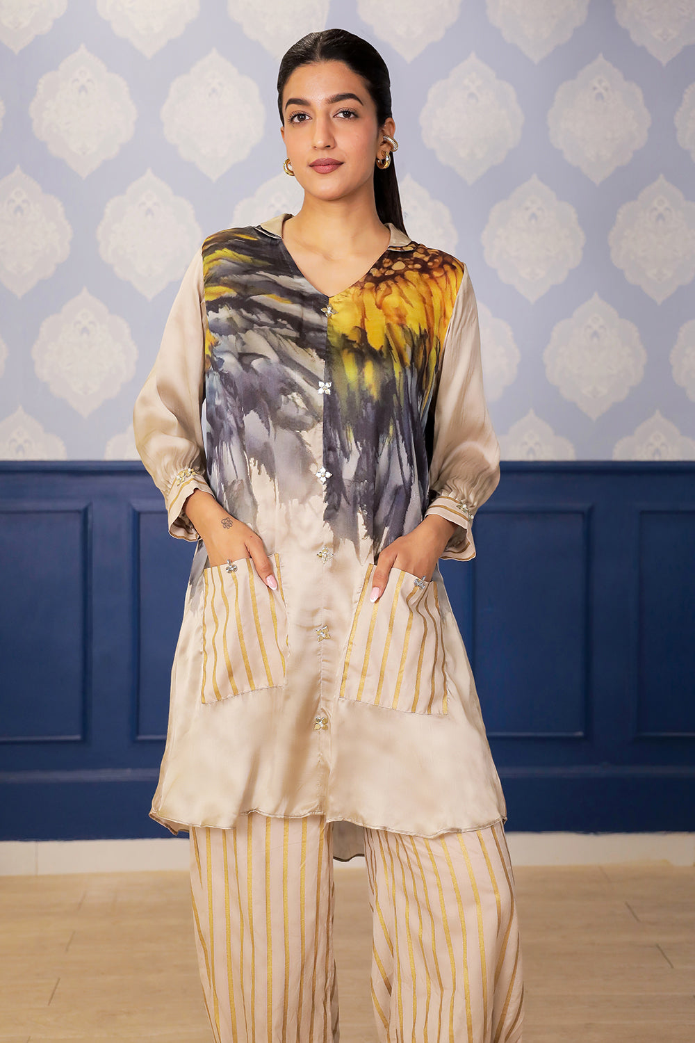 Beige Sunflower Print Satin Kurta with Chanderi Foil Farsi Salwar & Metallic Detailing