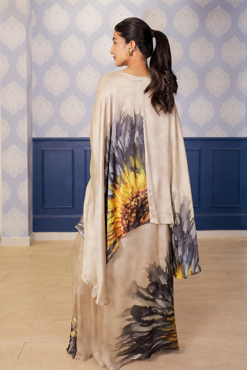 Beige Sunflower Print Satin Skirt Set with Embellished Belt & Asymmetric Kimono Blouse