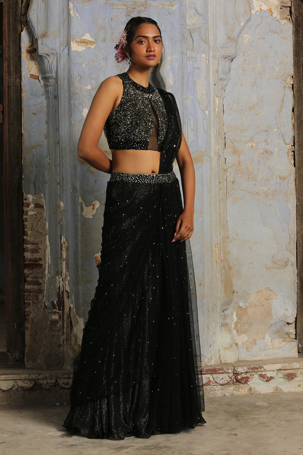 Black And Gold Drape Saree
