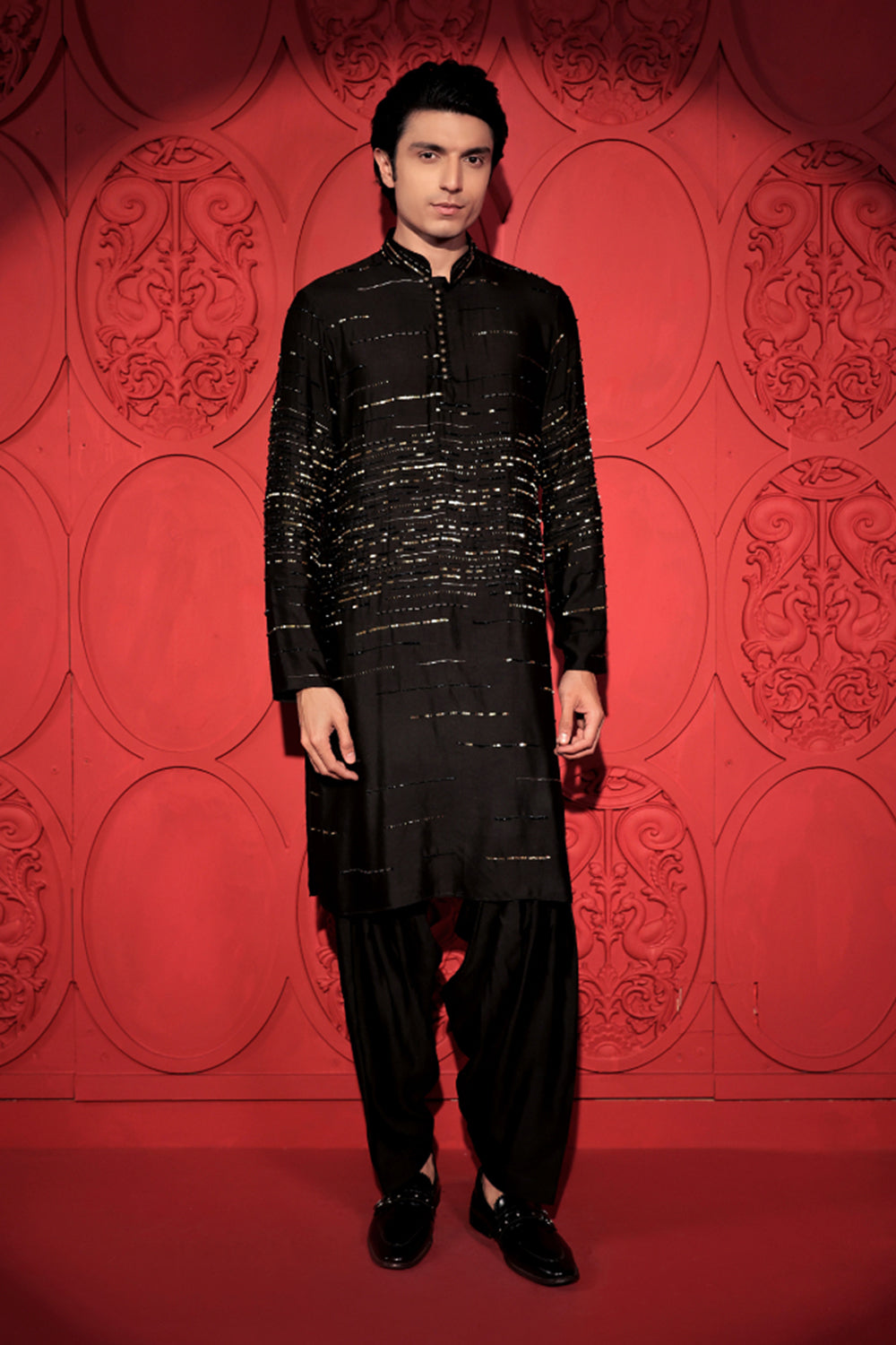 Black and Gold Embroidered Kurta Set