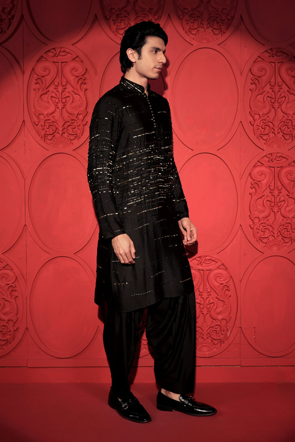 Black and Gold Embroidered Kurta Set