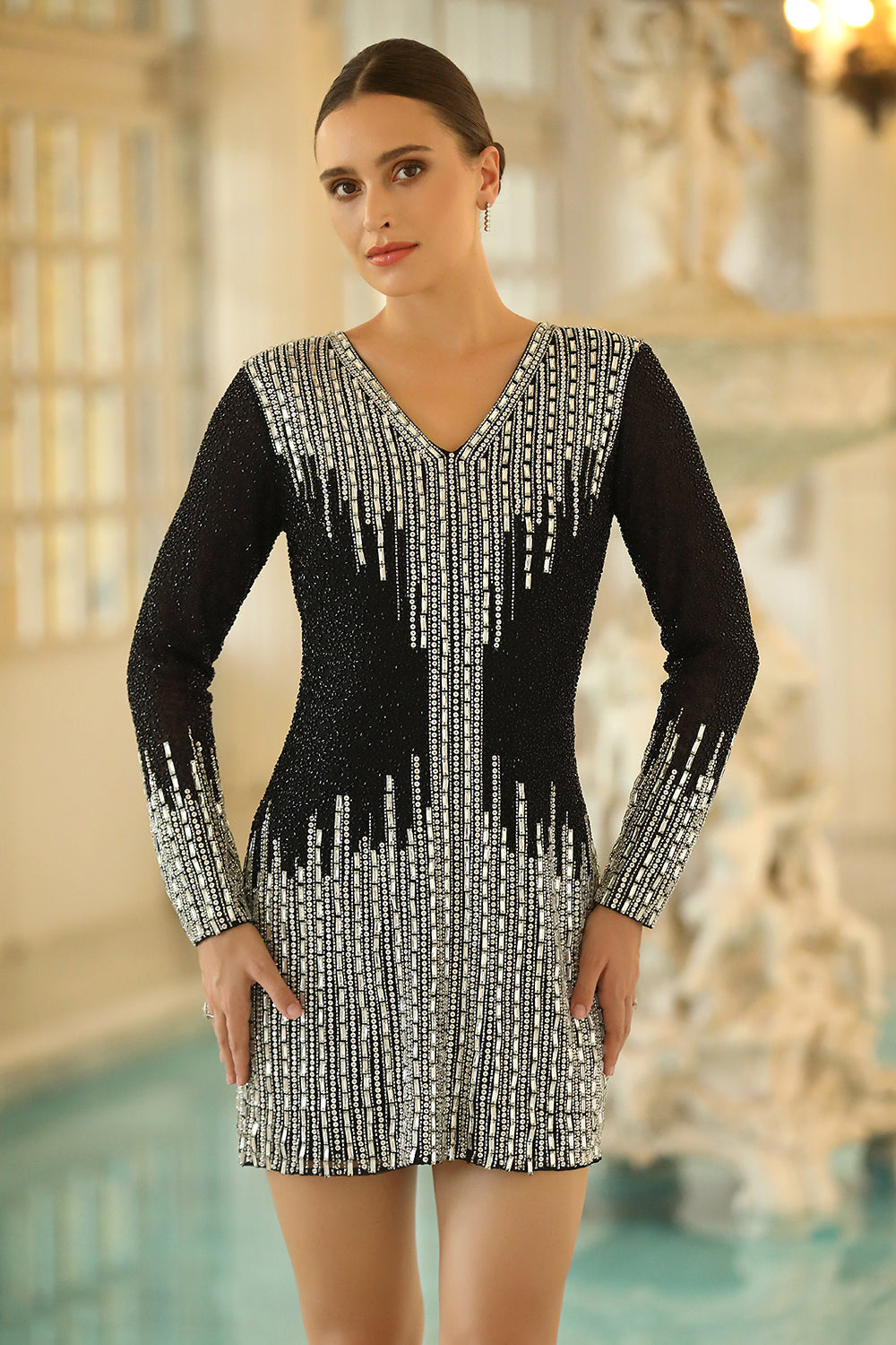 black mini dress with silver Black And Silver Sequin Mini Dress