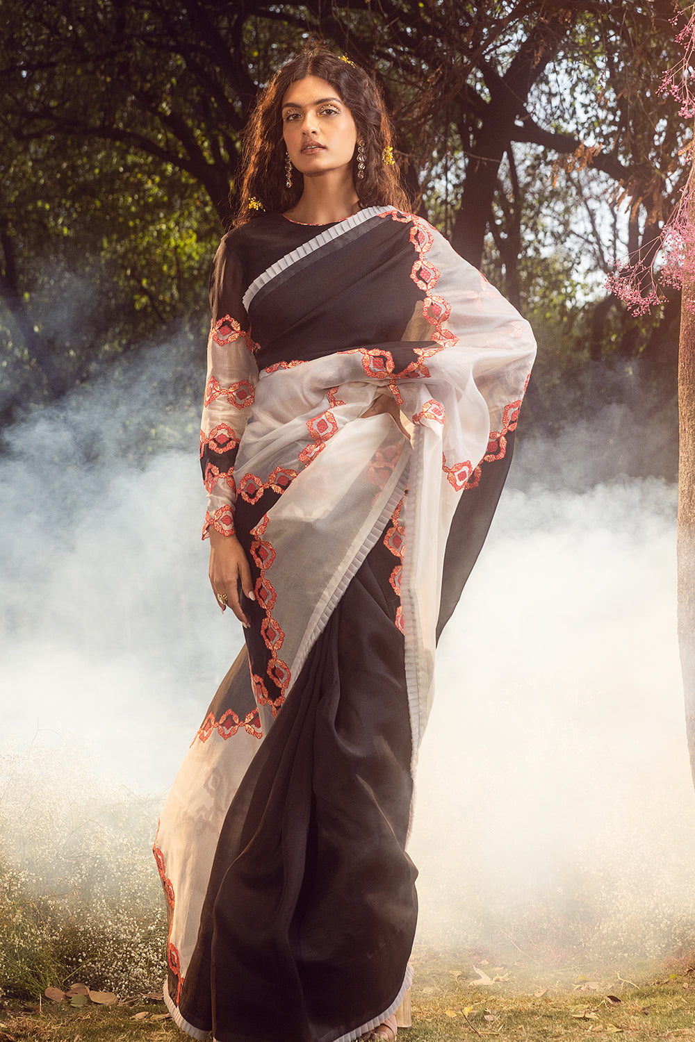 Black And White Organza Patchwork Saree