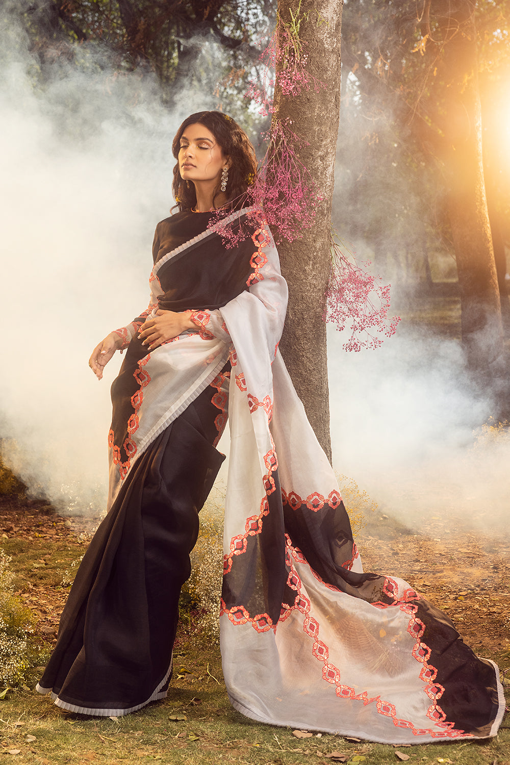 Black And White Organza Patchwork Saree