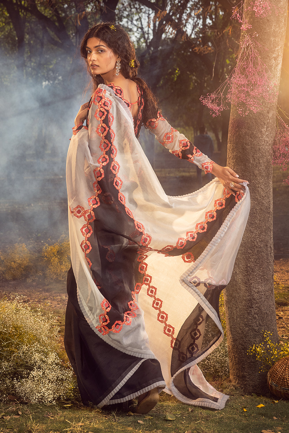 Black And White Organza Patchwork Saree
