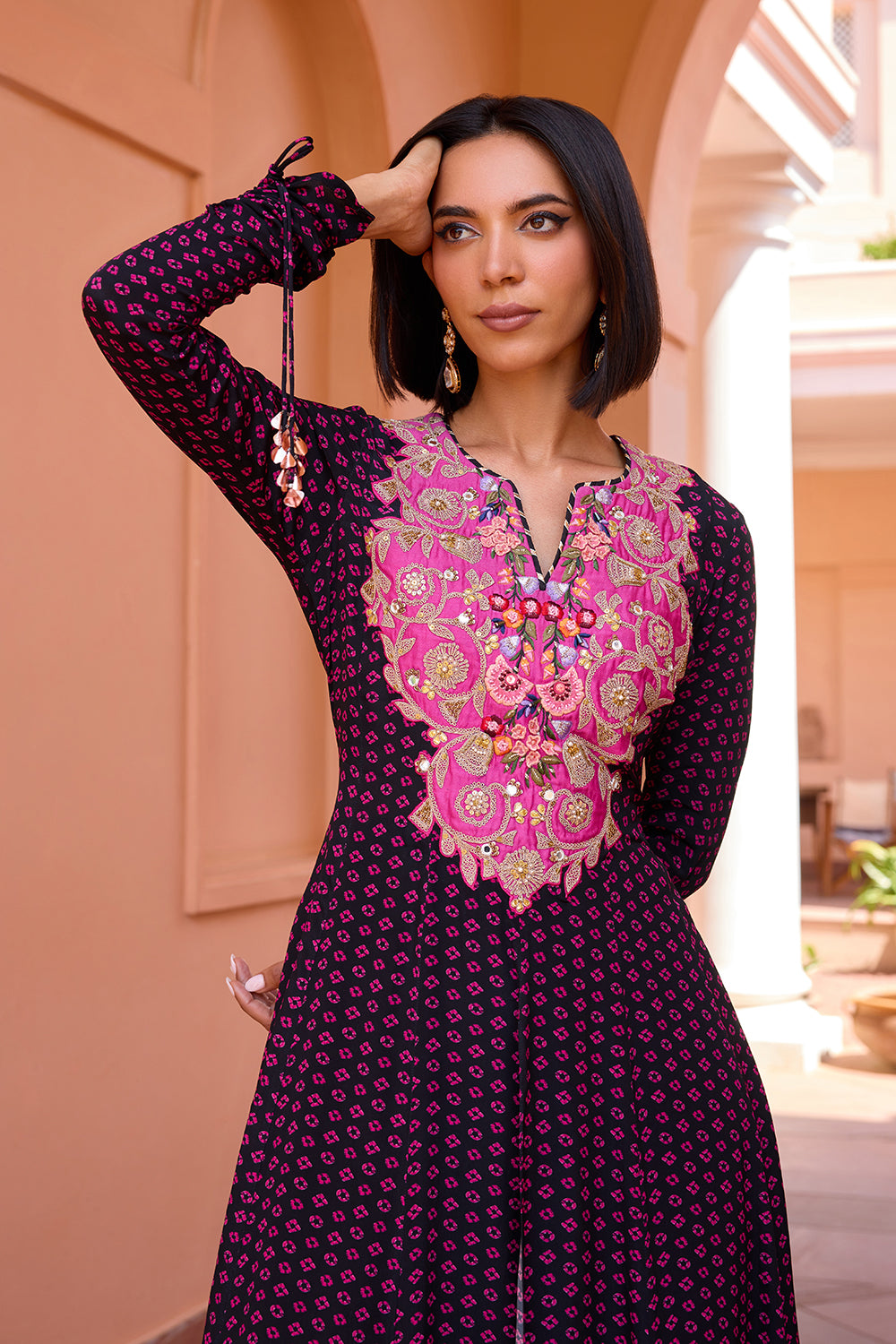 Black bandhani front slit anarakali with sharara and dupatta