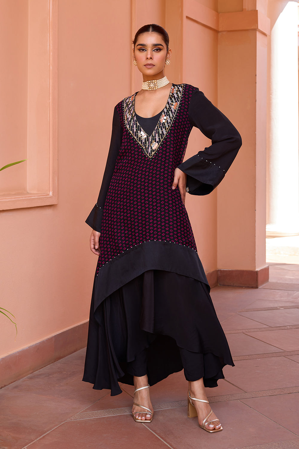Black bandhani layered and embroidered kurta set