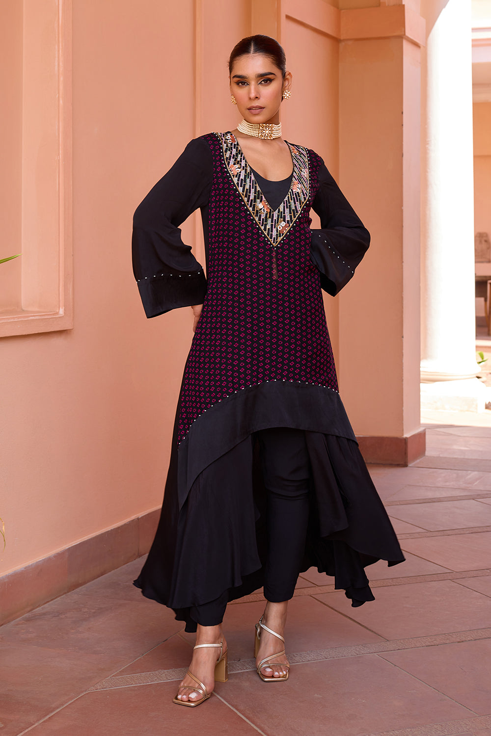 Black bandhani layered and embroidered kurta set