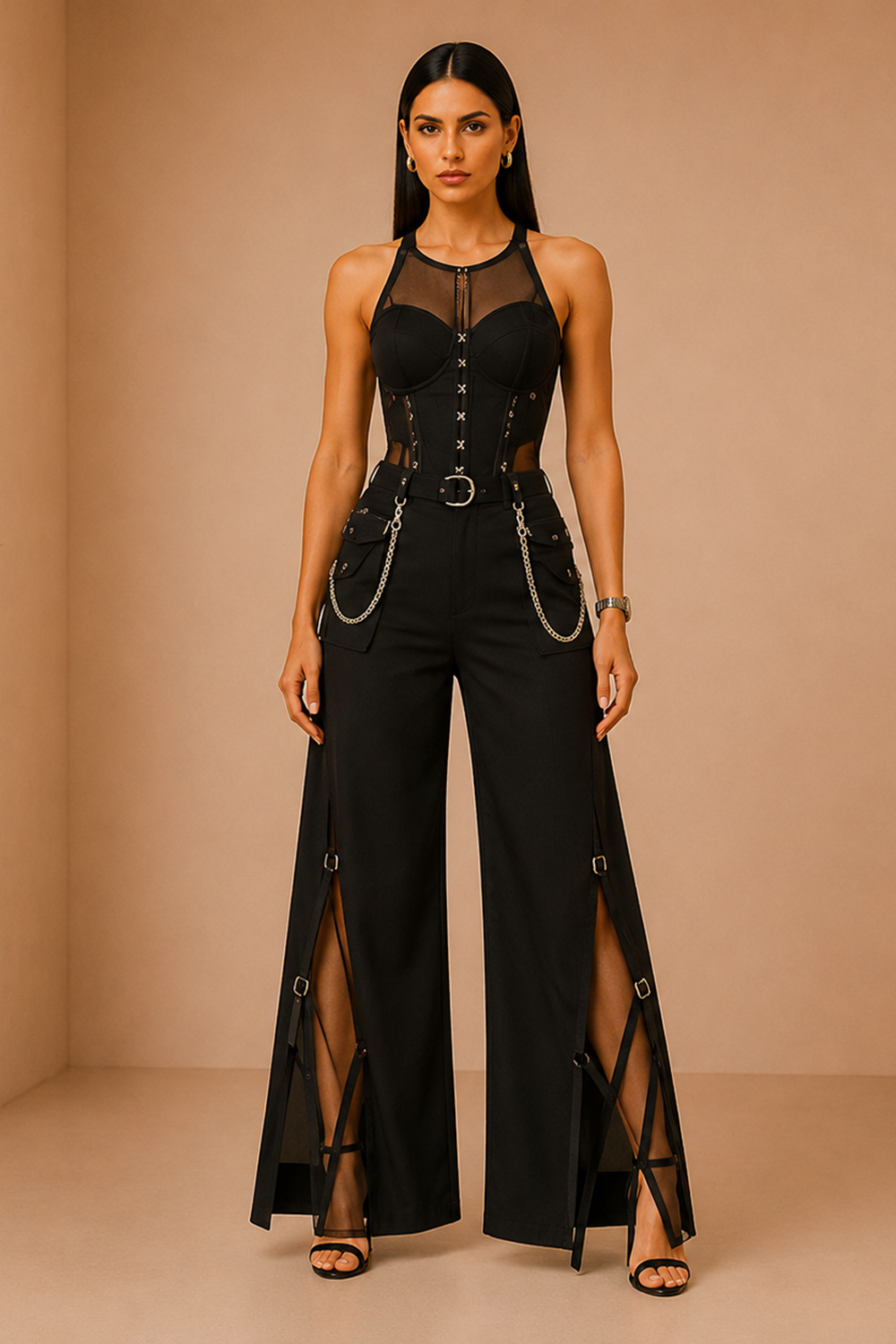 Black Chain Detail Corset Top & Statement Wide-Leg Pants Set