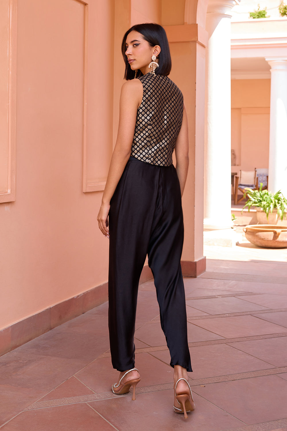 Black chanderi jacquard waistcoat with drape pants