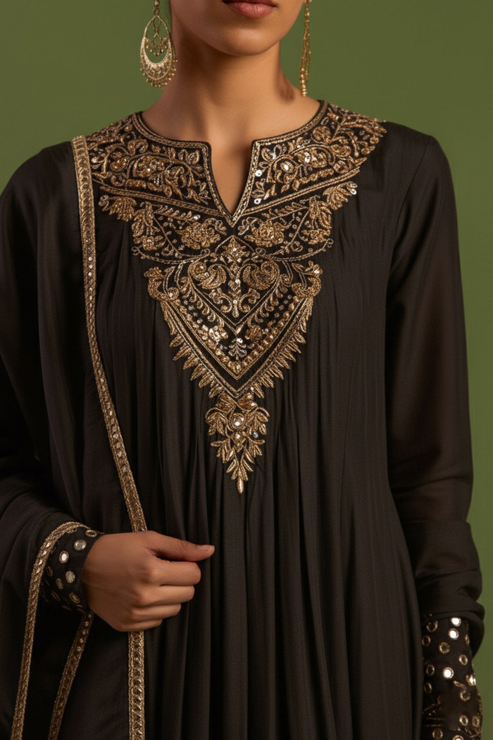 Black Chanderi Silk Hand Embroidered Kurta Set