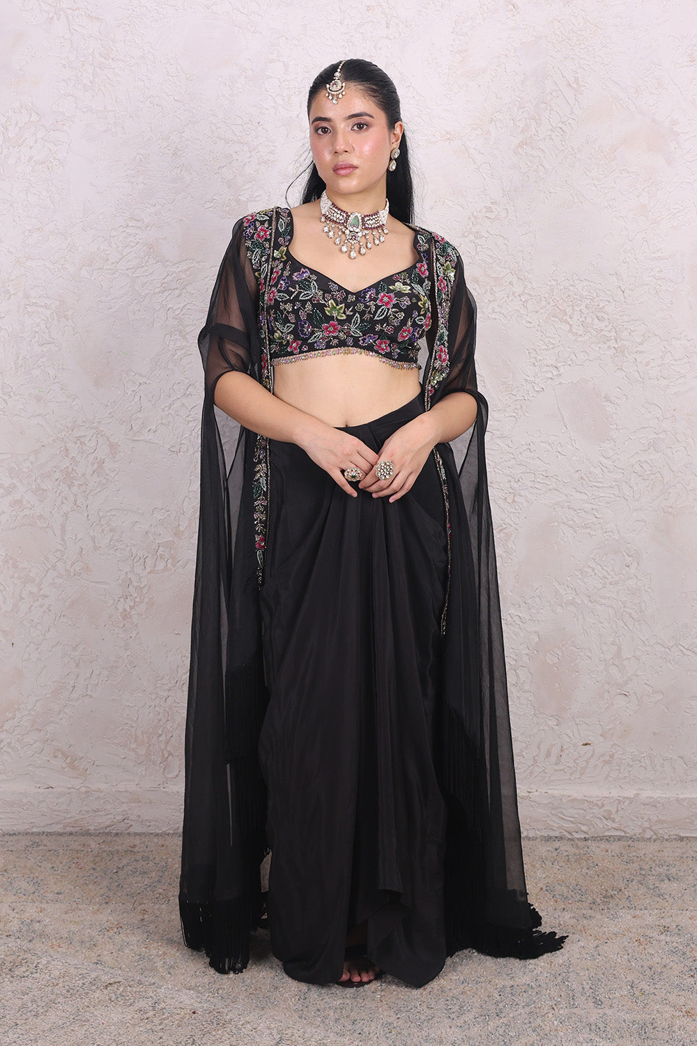 Black Draped Skirt with Multi Colour Embellished Top and Organza Cape set
