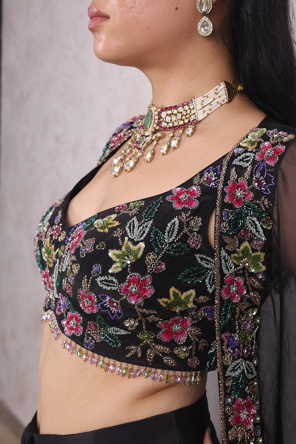 Black Draped Skirt with Multi Colour Embellished Top and Organza Cape set