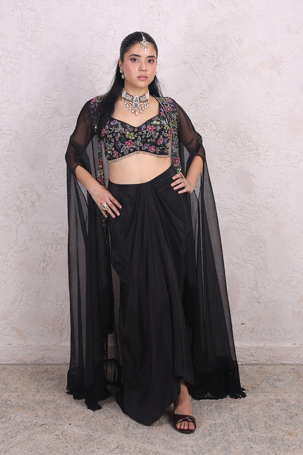 Black Draped Skirt with Multi Colour Embellished Top and Organza Cape set