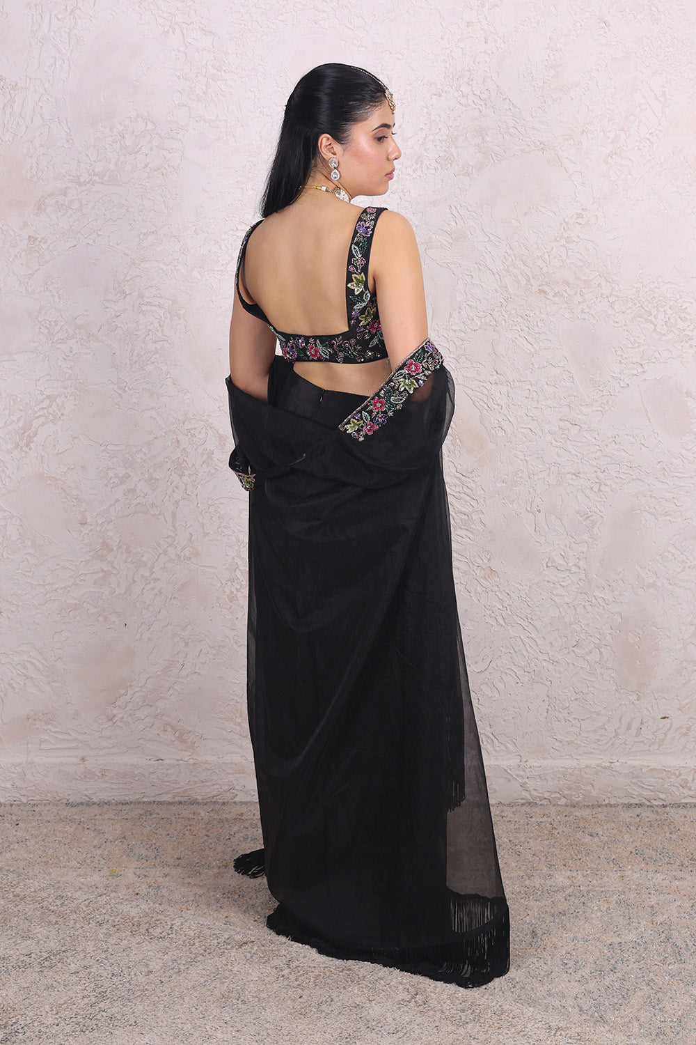 Black Draped Skirt with Multi Colour Embellished Top and Organza Cape set