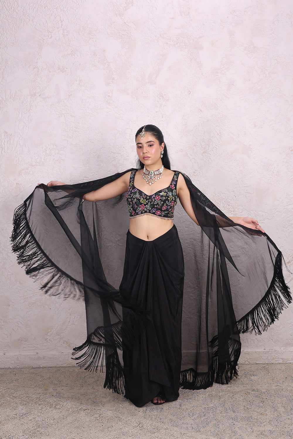 Black Draped Skirt with Multi Colour Embellished Top and Organza Cape set